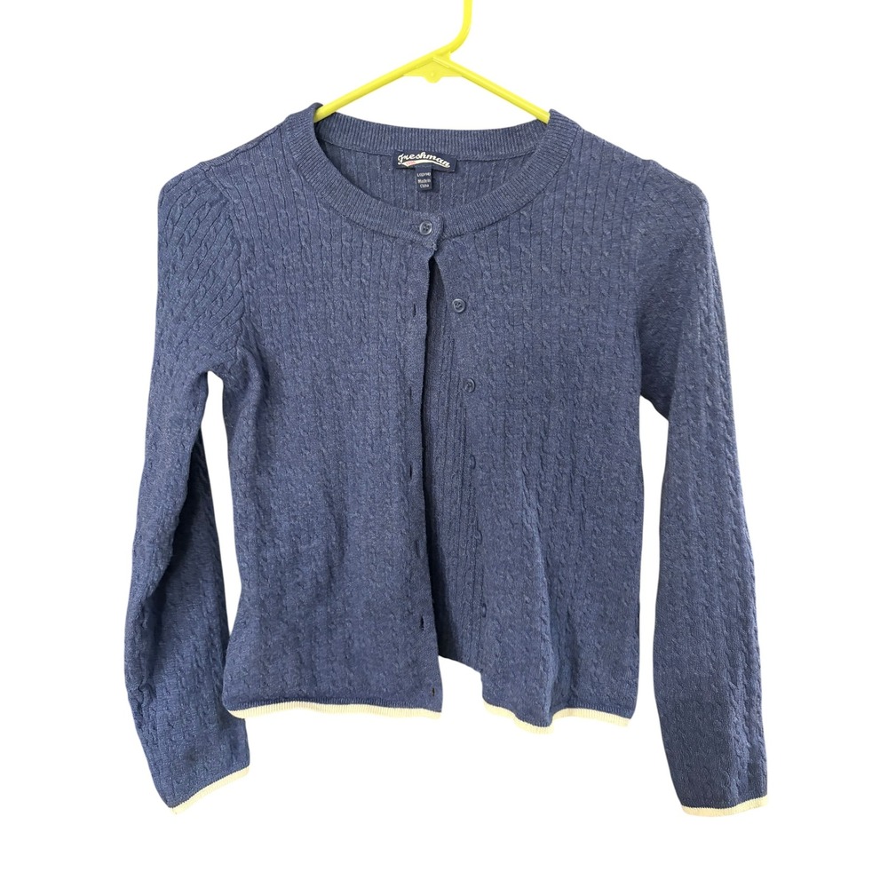 Freshman 1996 Girls Blue Cable Knit Cardigan Sweater Size L 12/14 Cream Trim